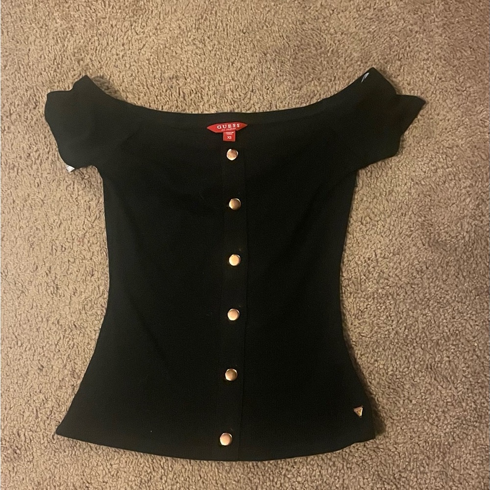 Guess Black Off-Shoulder Top with Gold Buttons